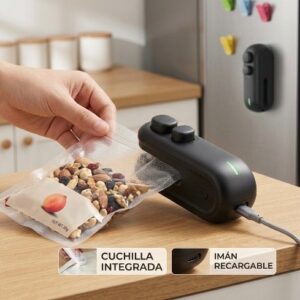 Mini selladora de bolsas portátil recargable con cuchilla e imán